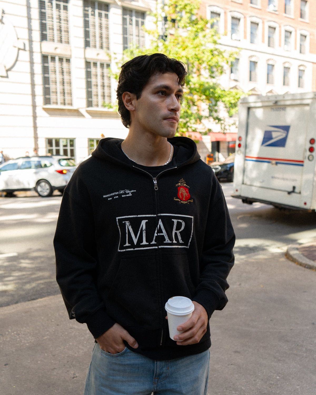 Archive Manchester Zip-Up Hoodie worn on the street